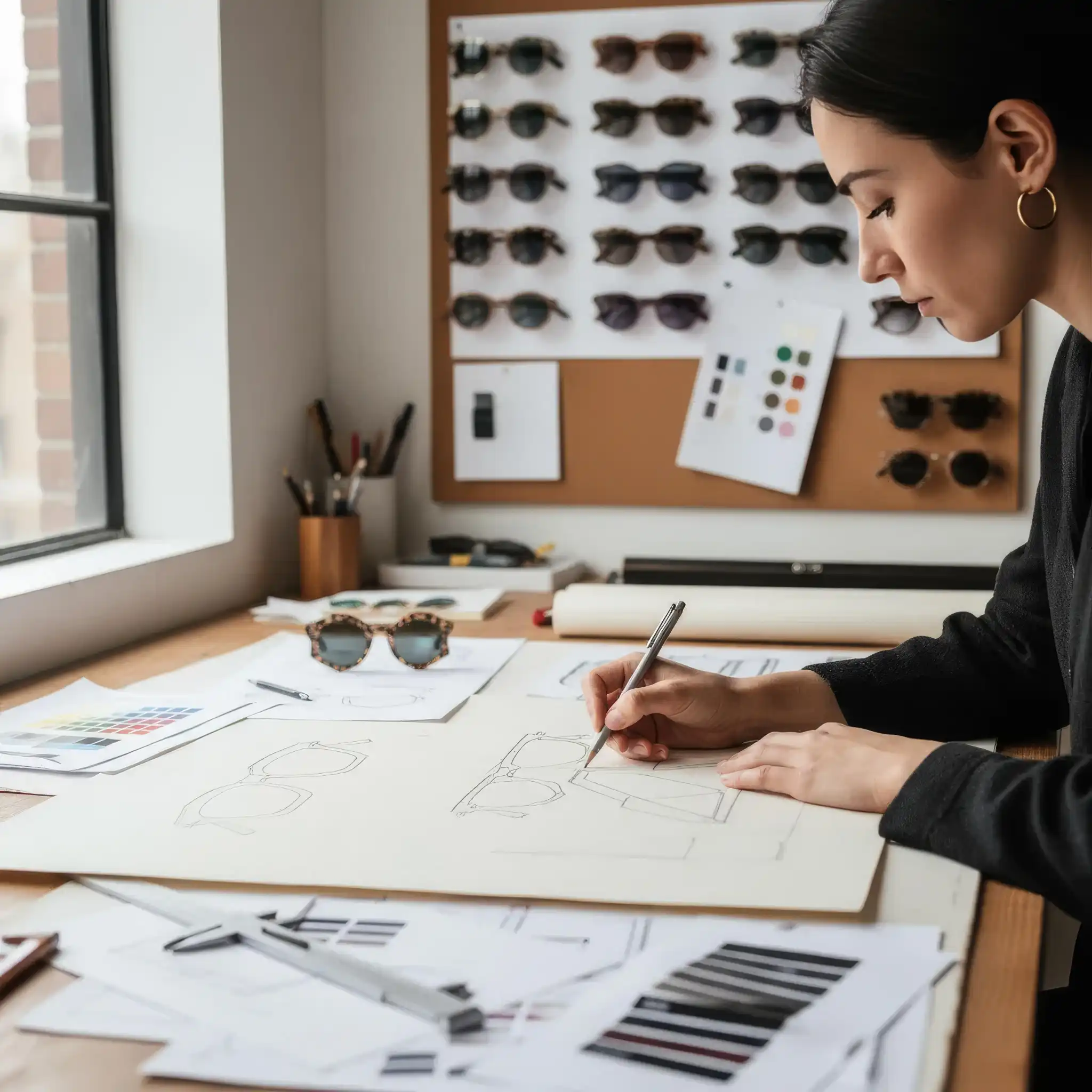 An artwork of a woman sketching sunglasses designs