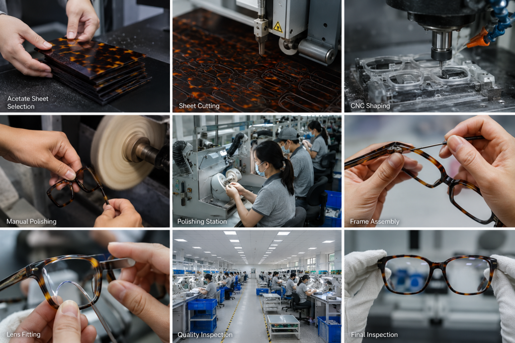 Step-by-step glasses manufacturing process in an eyewear factory showing frame cutting, polishing, and assembly