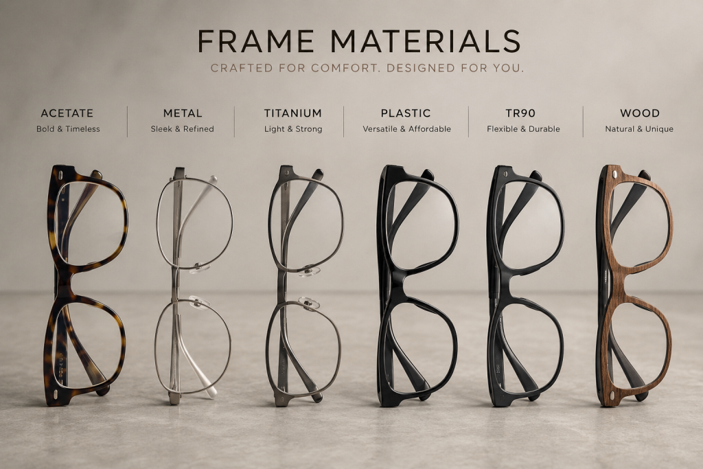 Comparison of eyeglass frame materials including acetate, metal, titanium, plastic, and wood eyewear frames